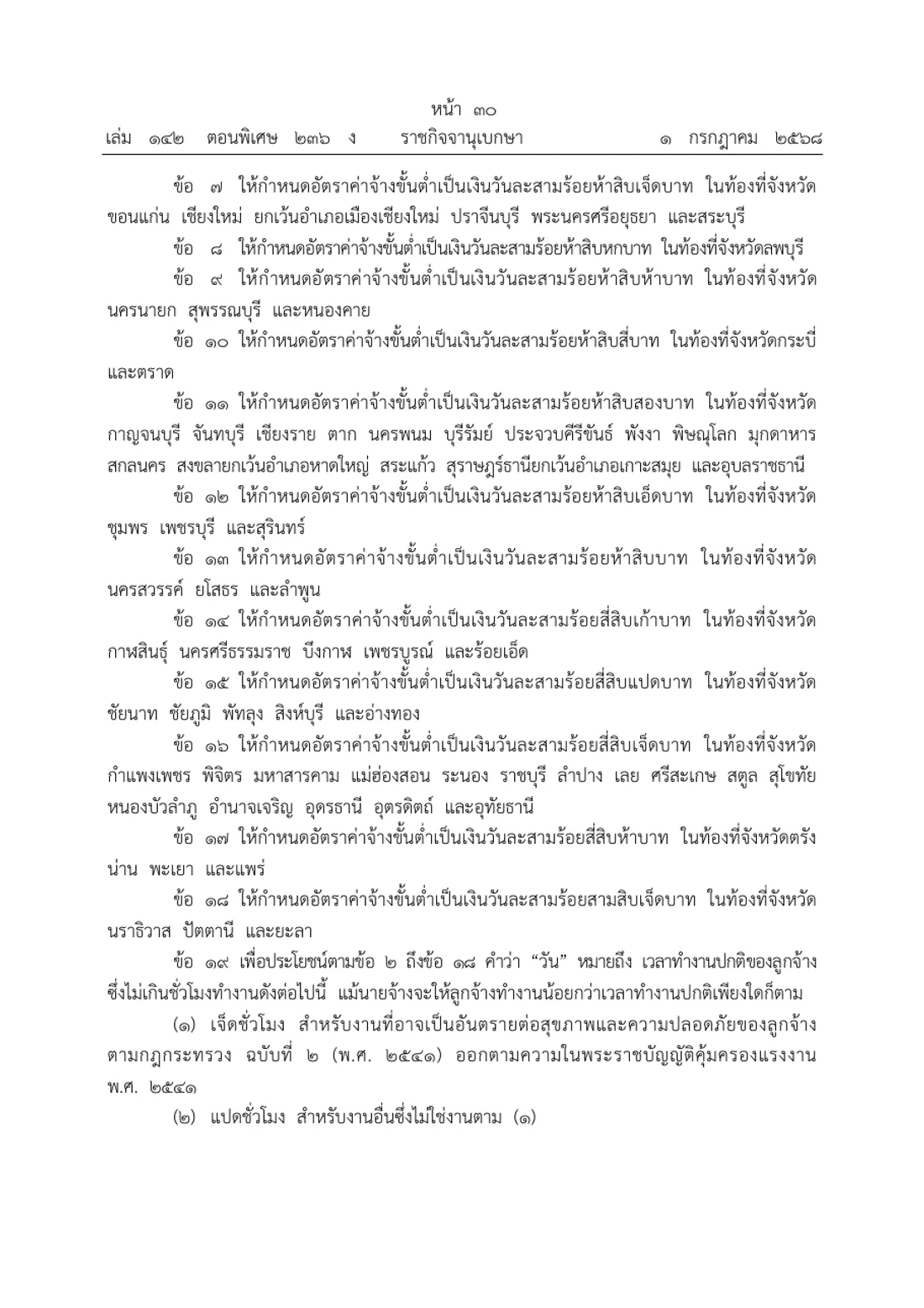 Royal Gazette page of Wage Committee notification number 14 listing provinces by minimum wage clause