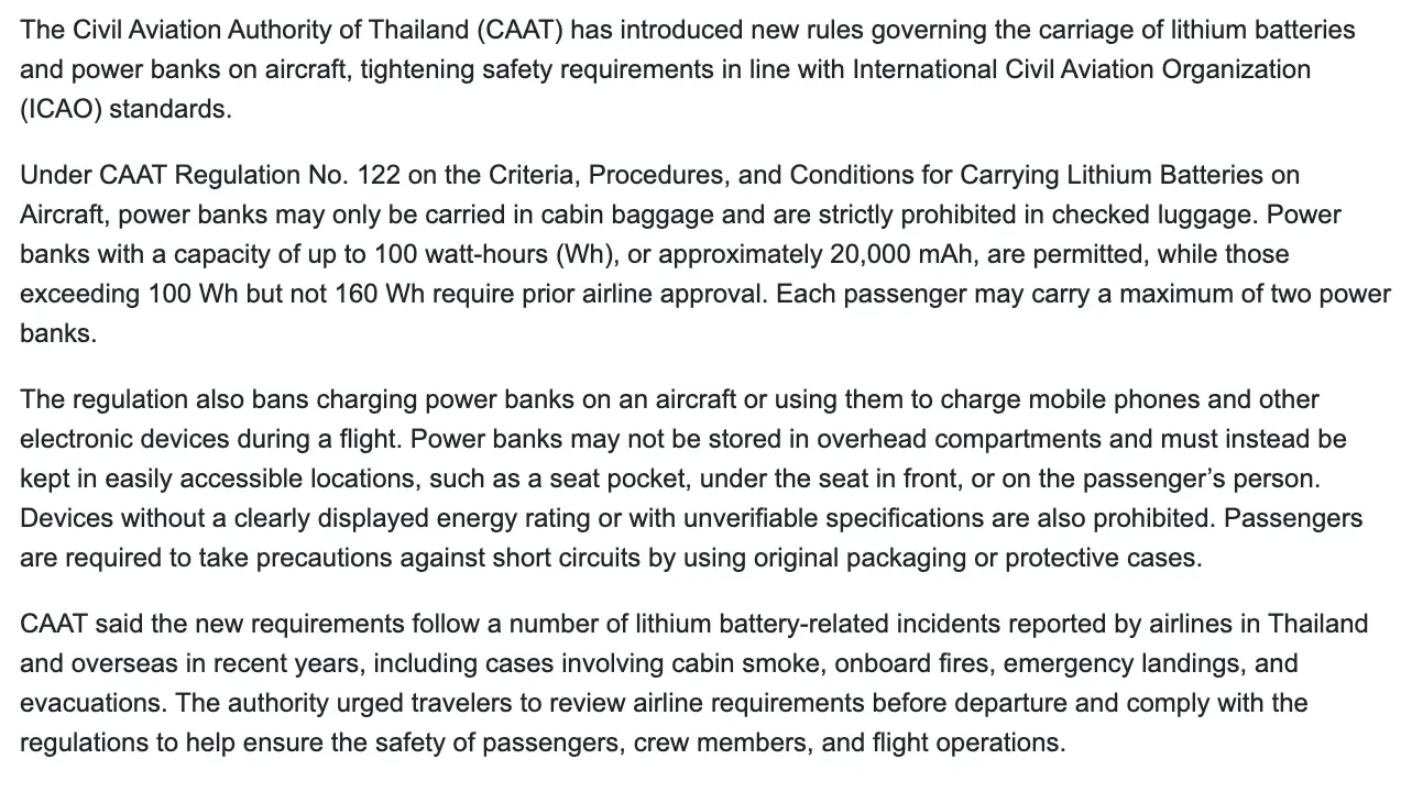 Government web page text explaining the Civil Aviation Authority power bank rules for aircraft, with paragraphs on cabin baggage, battery capacity and charging.
