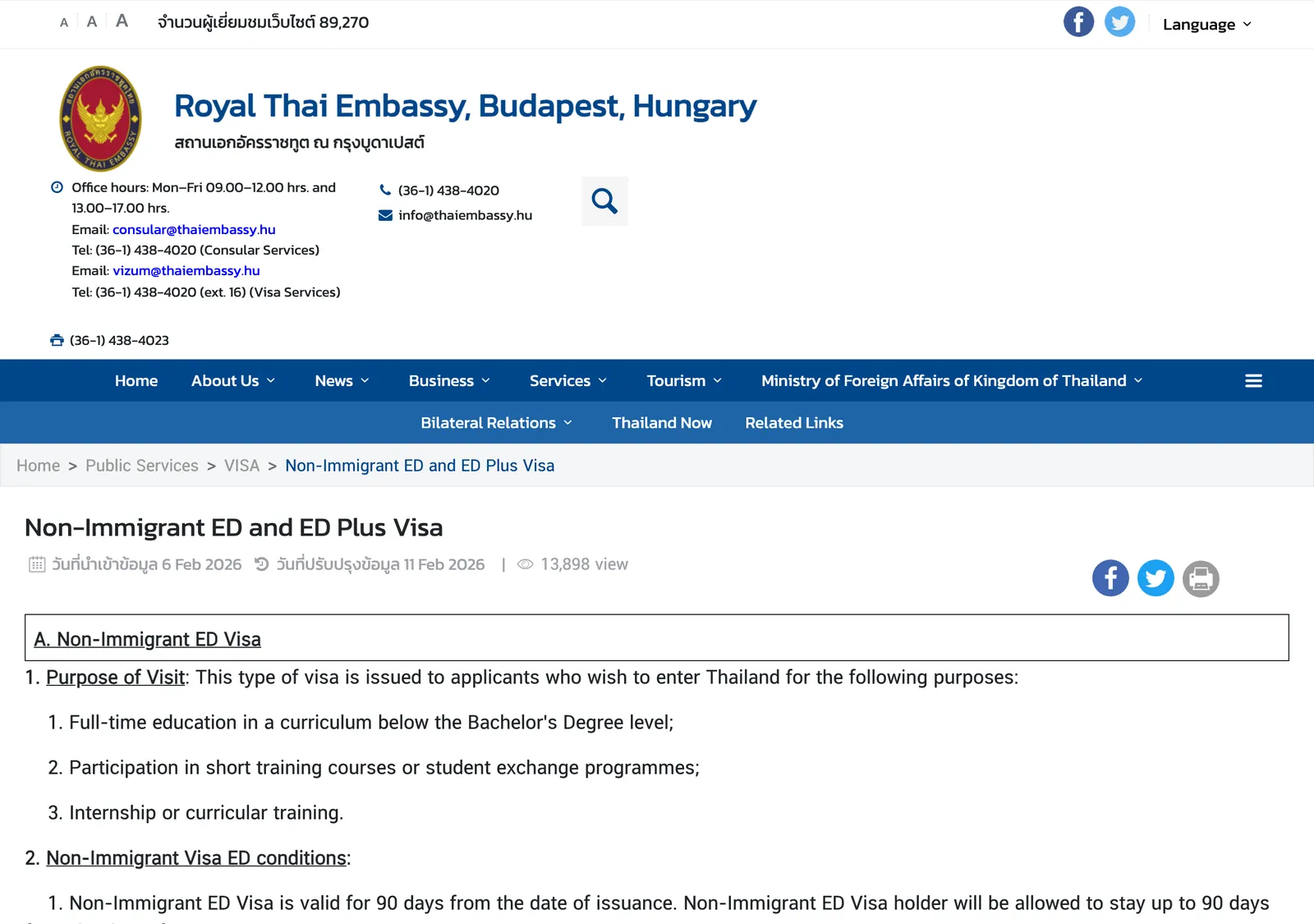 Royal Thai Embassy Budapest web page for the Non-Immigrant ED and ED Plus visa, with the purpose of visit and conditions.