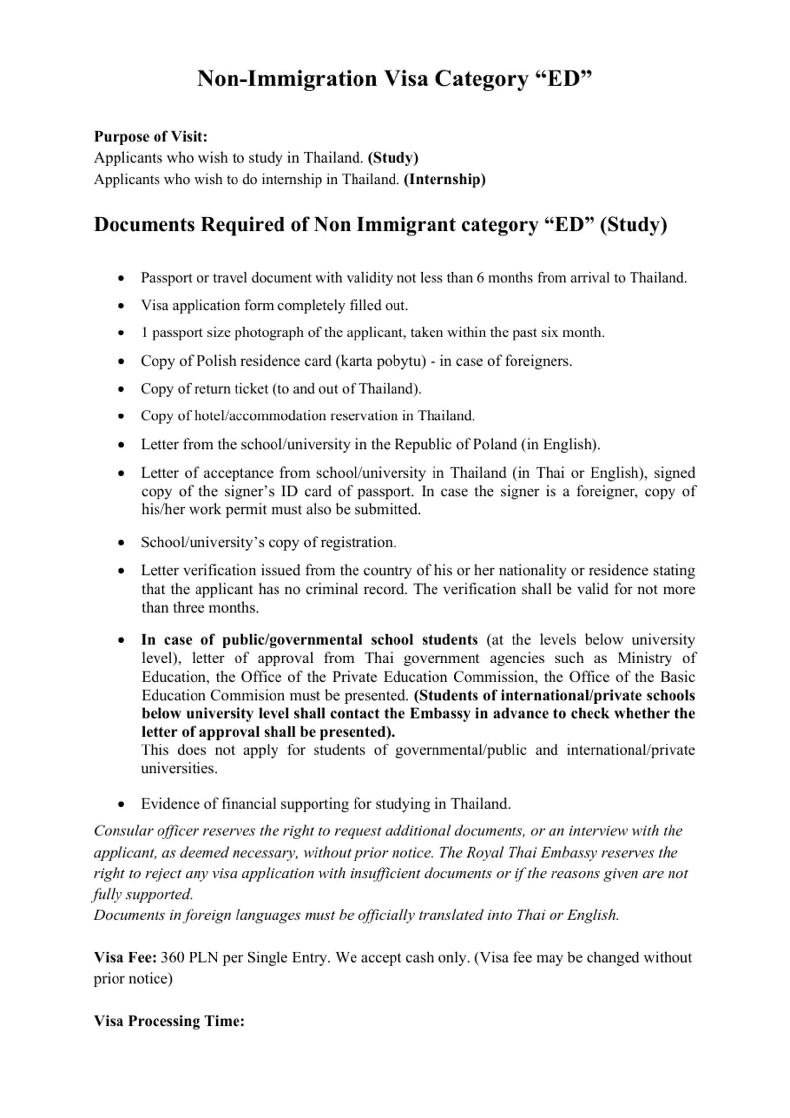 Ministry of Foreign Affairs hosted sheet headed Non-Immigration Visa Category ED with the purpose of visit and the list of documents for study.