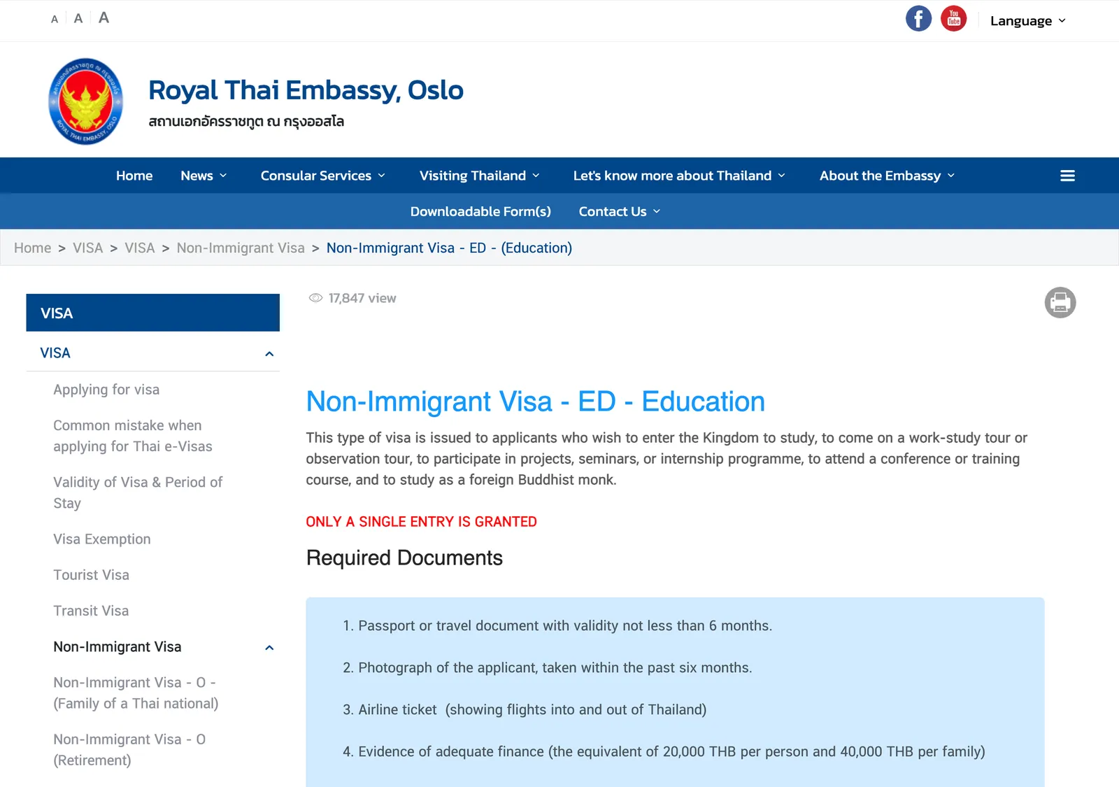 Royal Thai Embassy Oslo web page for the Non-Immigrant Visa ED, with a single-entry note and a list of documents.