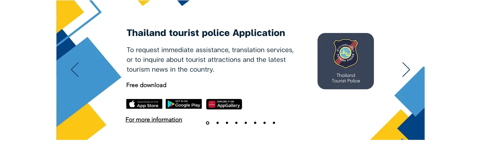 Banner on the Tourist Police Bureau site for the Thailand Tourist Police mobile app, with App Store, Google Play and AppGallery buttons and the app icon.
