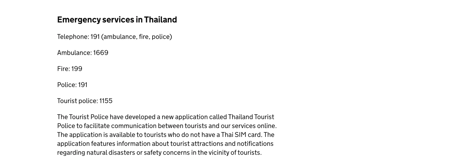 UK government travel advice page for Thailand with a list of emergency services: ambulance, fire, police and tourist police.