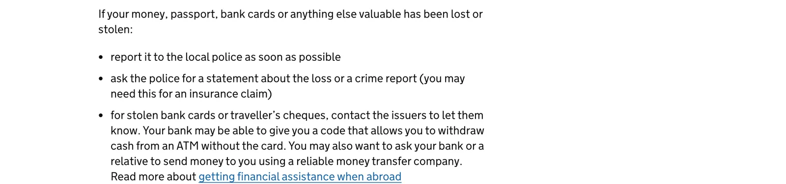 UK government guidance page on lost or stolen money and passports abroad, starting with reporting to the local police.