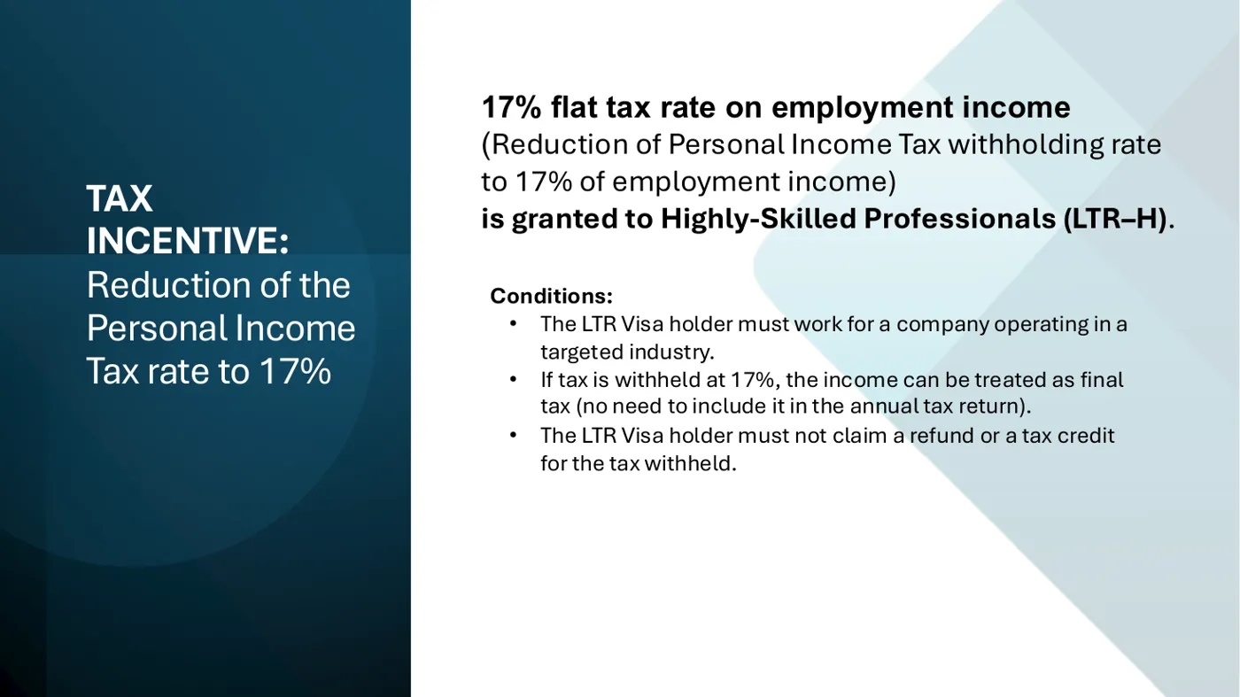 Revenue Department slide on the flat rate on employment income for highly-skilled long-term residents, with its conditions.