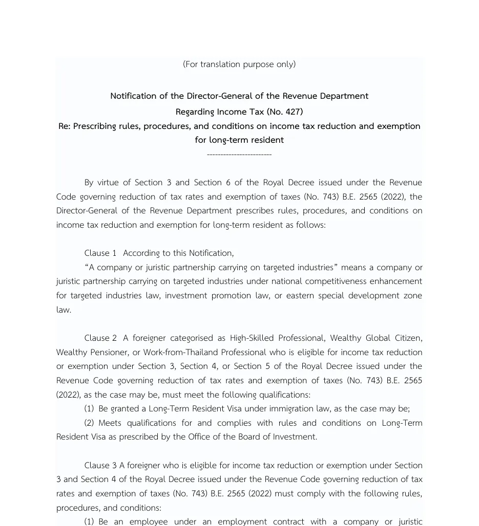 English text of Revenue Department Notification No. 427 with clauses on qualifications and conditions for long-term residents.