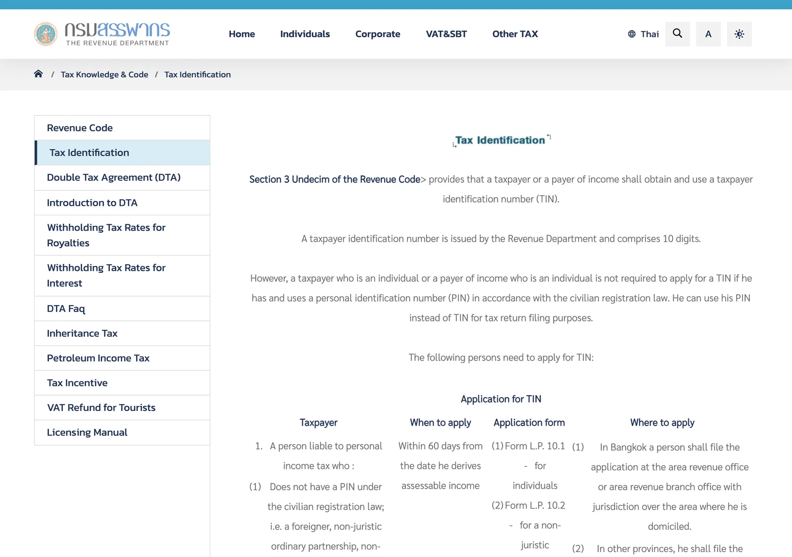 Revenue Department English page on tax identification numbers, with who applies, when, which form and where.