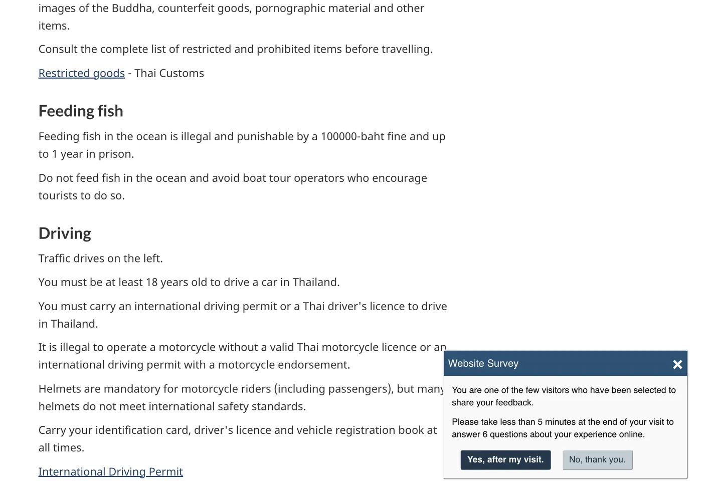 Government travel advice page with a Driving section listing permit, motorcycle and helmet statements.