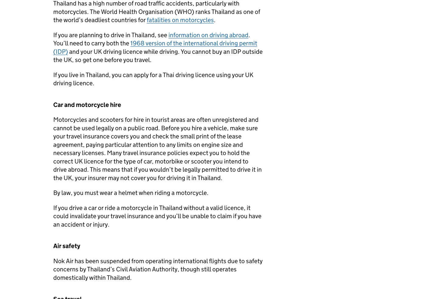 UK government travel advice page with paragraphs on the international driving permit, motorcycle hire and travel insurance.