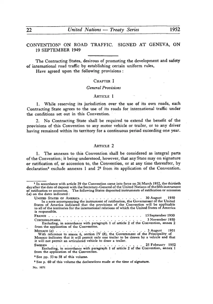 Treaty page with Article 1 of the Geneva convention on road traffic.