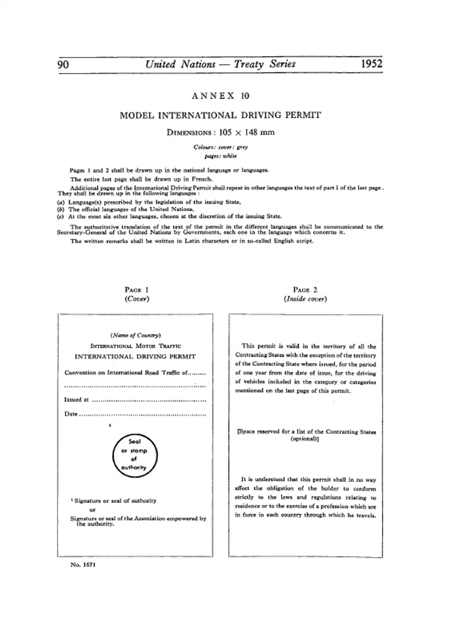 Model page of an international driving permit from the Geneva convention text with the validity wording.