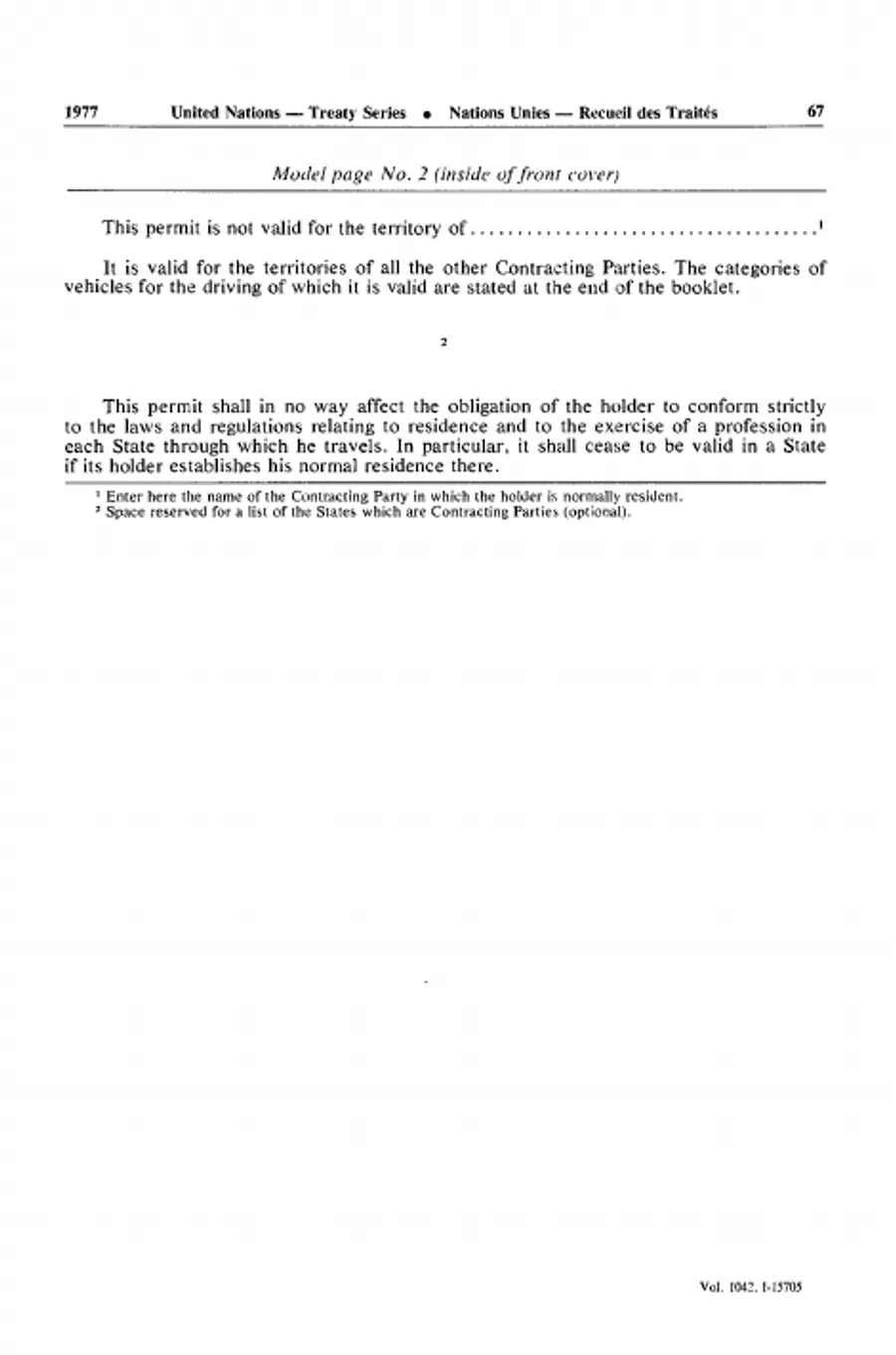 Treaty page with the model inside cover of the Vienna convention permit and the note on normal residence.
