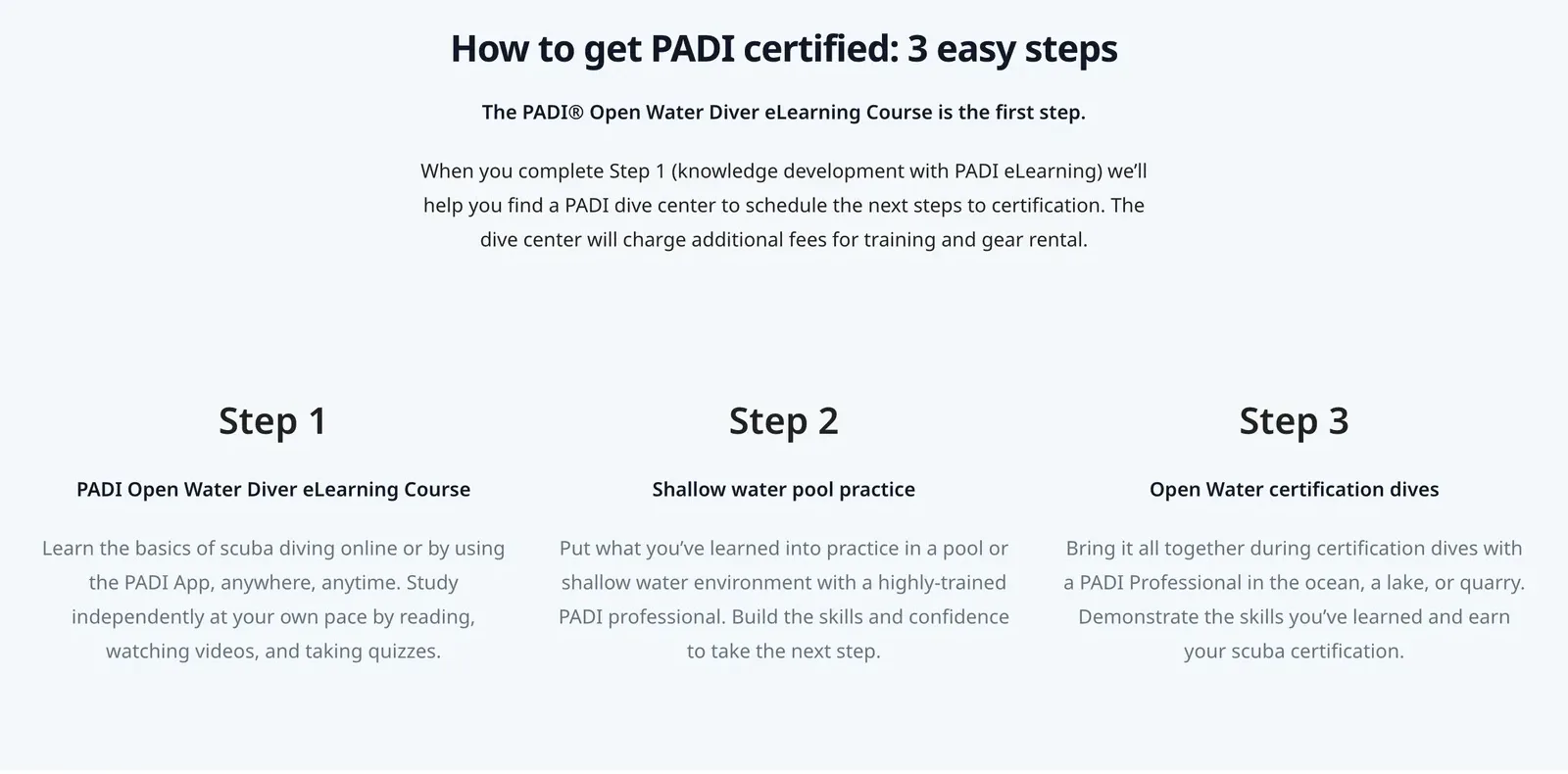 PADI Open Water Diver course page showing three steps: eLearning, shallow water pool practice and open water certification dives.
