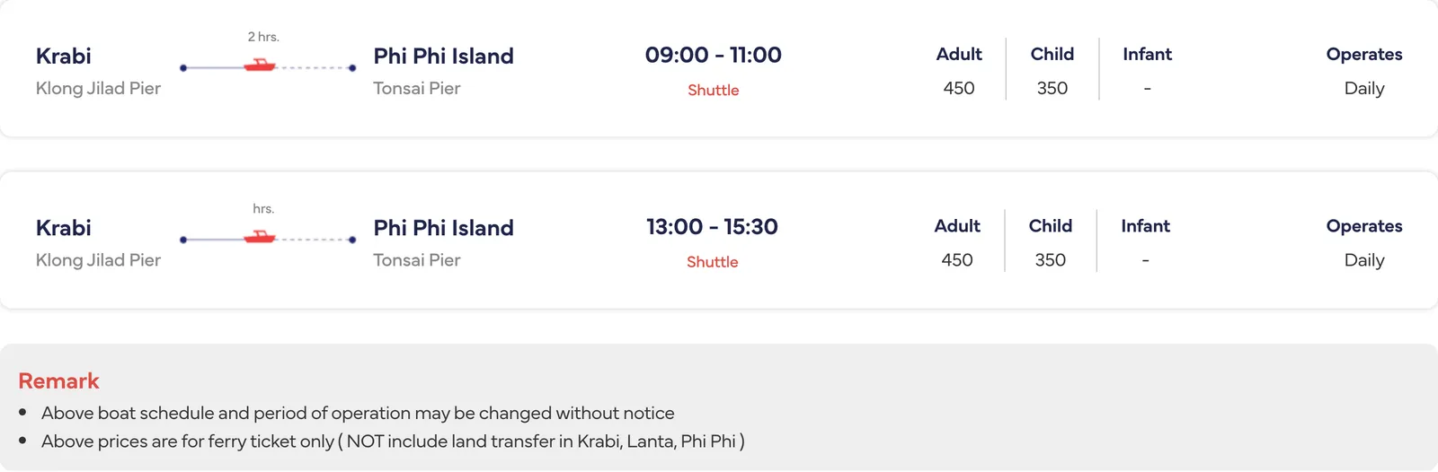 Ferry operator timetable with two daily sailings from Krabi, Klong Jilad Pier, to Phi Phi Island, Tonsai Pier, each row listing the crossing time, adult and child fares and daily operation, with a remark box below.