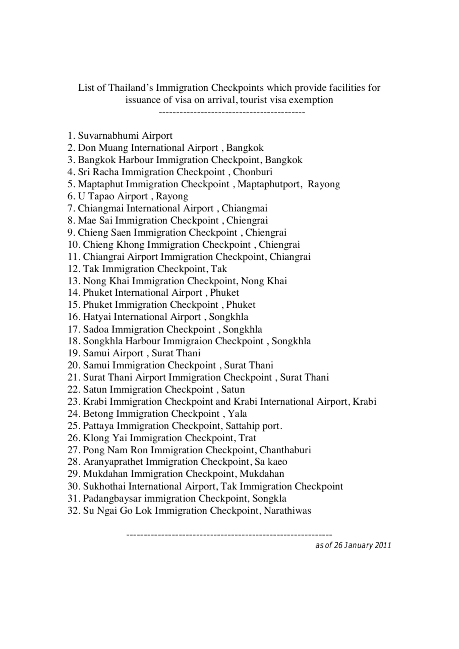 Ministry of Foreign Affairs list of Thai immigration checkpoints that issue visa on arrival or tourist visa exemption, naming airports, ports and land checkpoints.