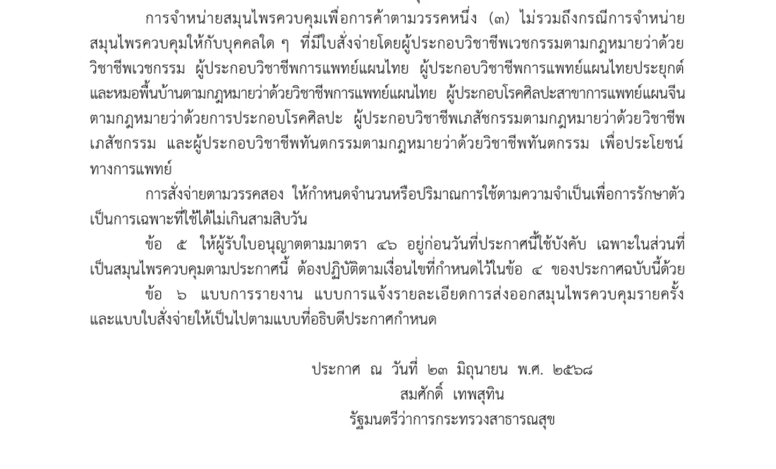 Lower part of a Royal Gazette page in Thai with the prescription exception, the list of professions, the thirty-day limit and the signature block.
