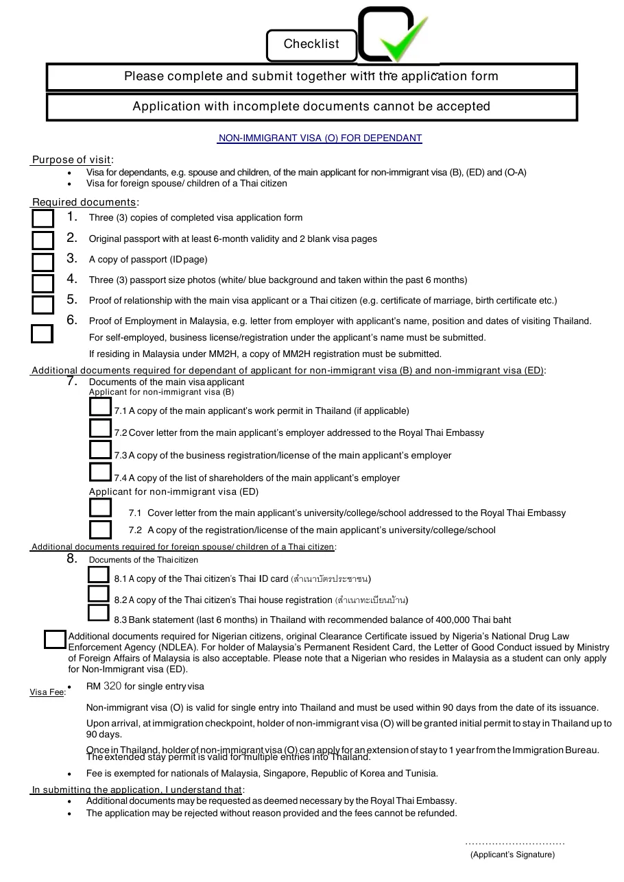 Embassy checklist for the Non-Immigrant O visa for a dependant, with the documents for the foreign spouse of a Thai citizen and the visa fee box.
