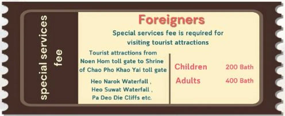 Fee board headed Special services fee for foreigners, naming the tourist attractions between the Noen Hom toll gate and the Chao Pho Khao Yai shrine gate, with a children rate and an adults rate.