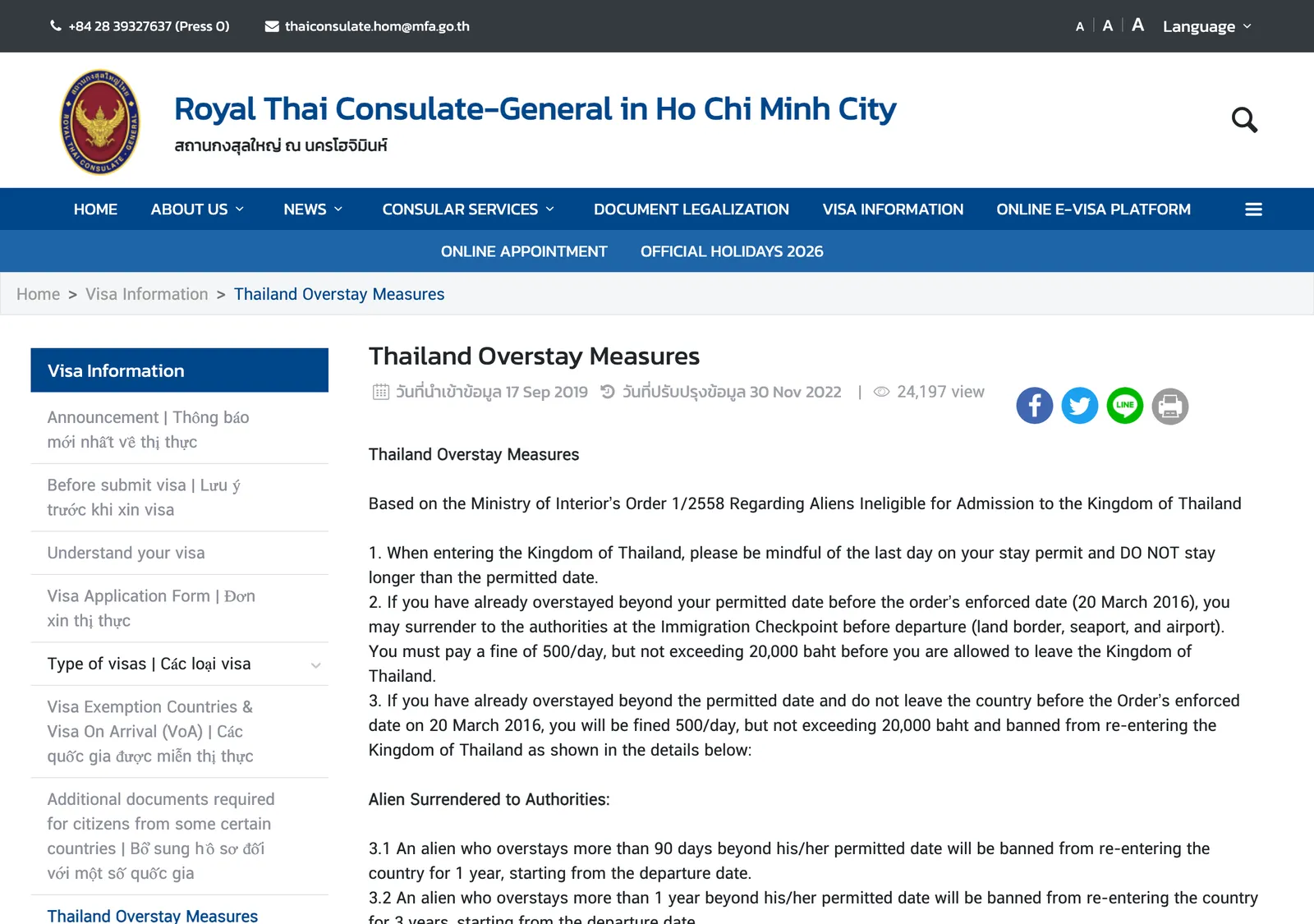 Royal Thai Consulate-General page titled Thailand Overstay Measures, with numbered items on the fine and the ban periods.