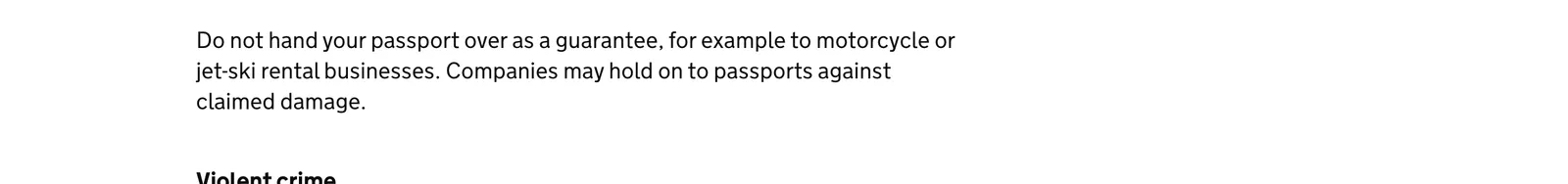UK government travel advice paragraph about leaving a passport with motorcycle or jet-ski rental shops.