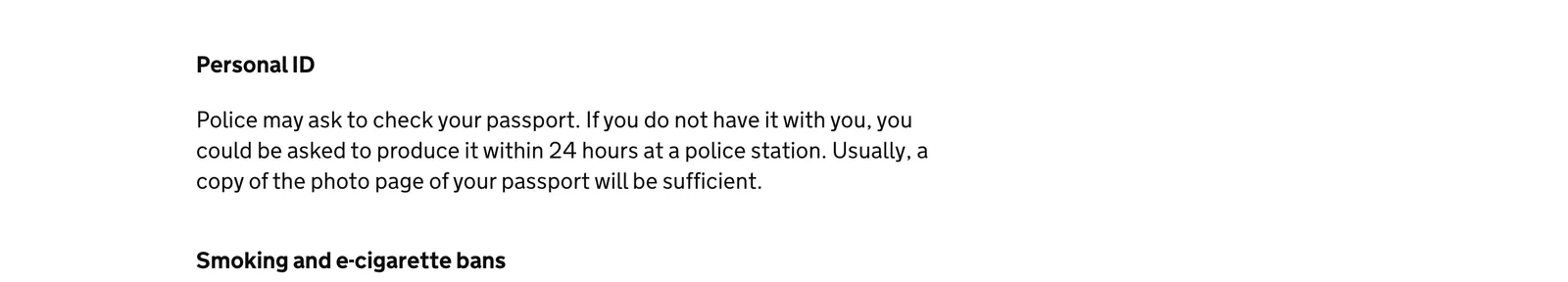UK government travel advice for Thailand, section headed Personal ID, about police checking passports and accepting a copy.