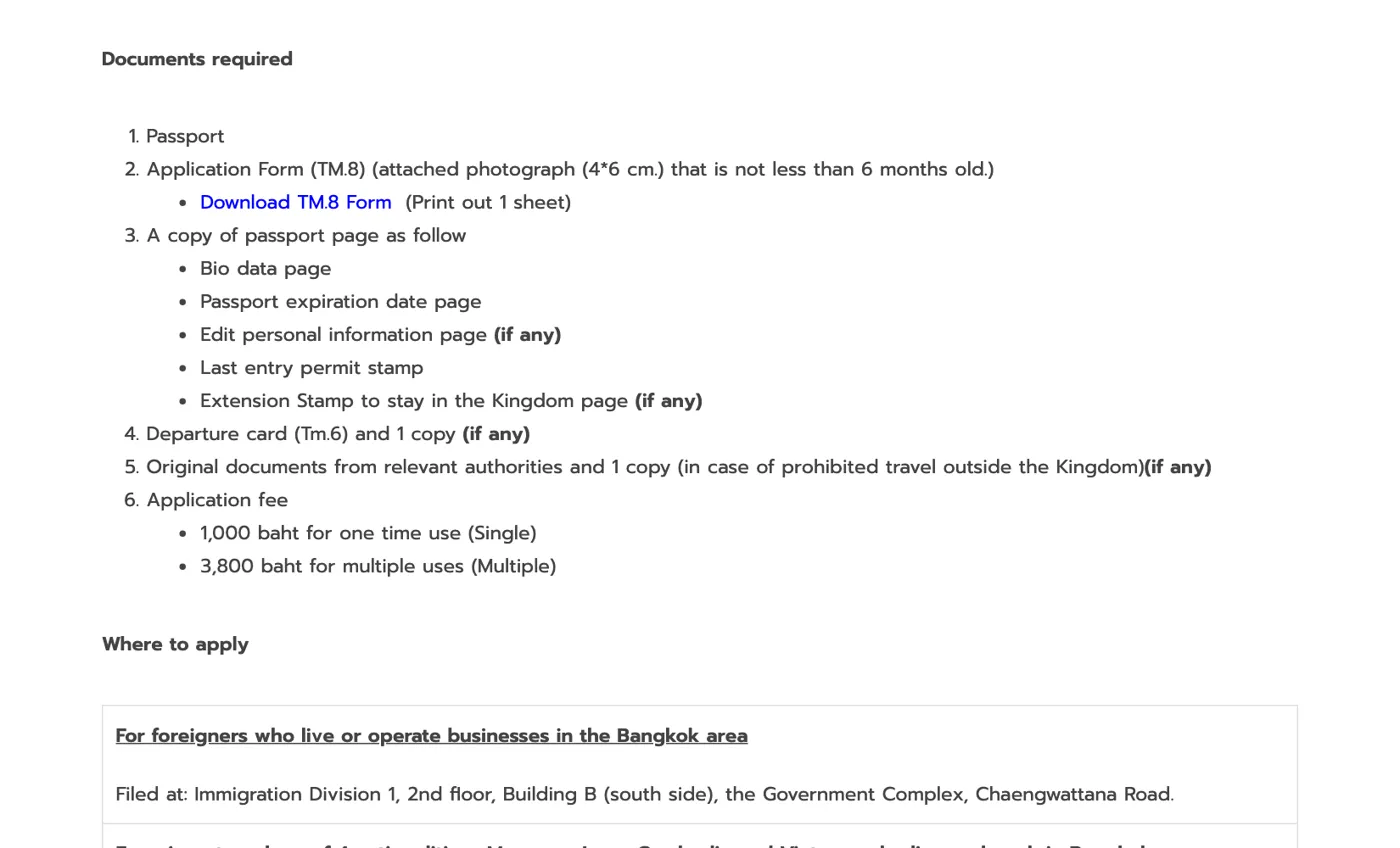 English Immigration Division page listing the documents for a re-entry permit and the two fee lines.