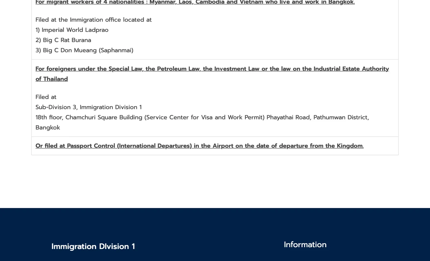 English Immigration Division page with the places to apply for different groups of foreigners in Bangkok.