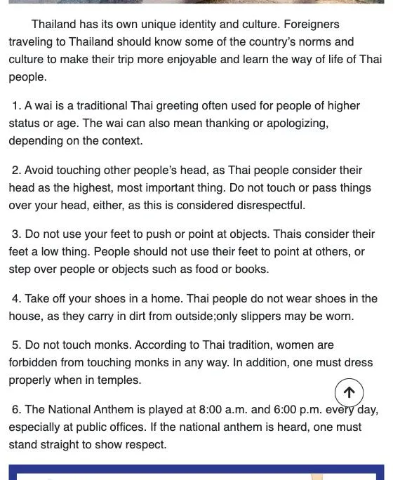 Government of Thailand web page listing six customs, including the head, the feet, monks and the national anthem.