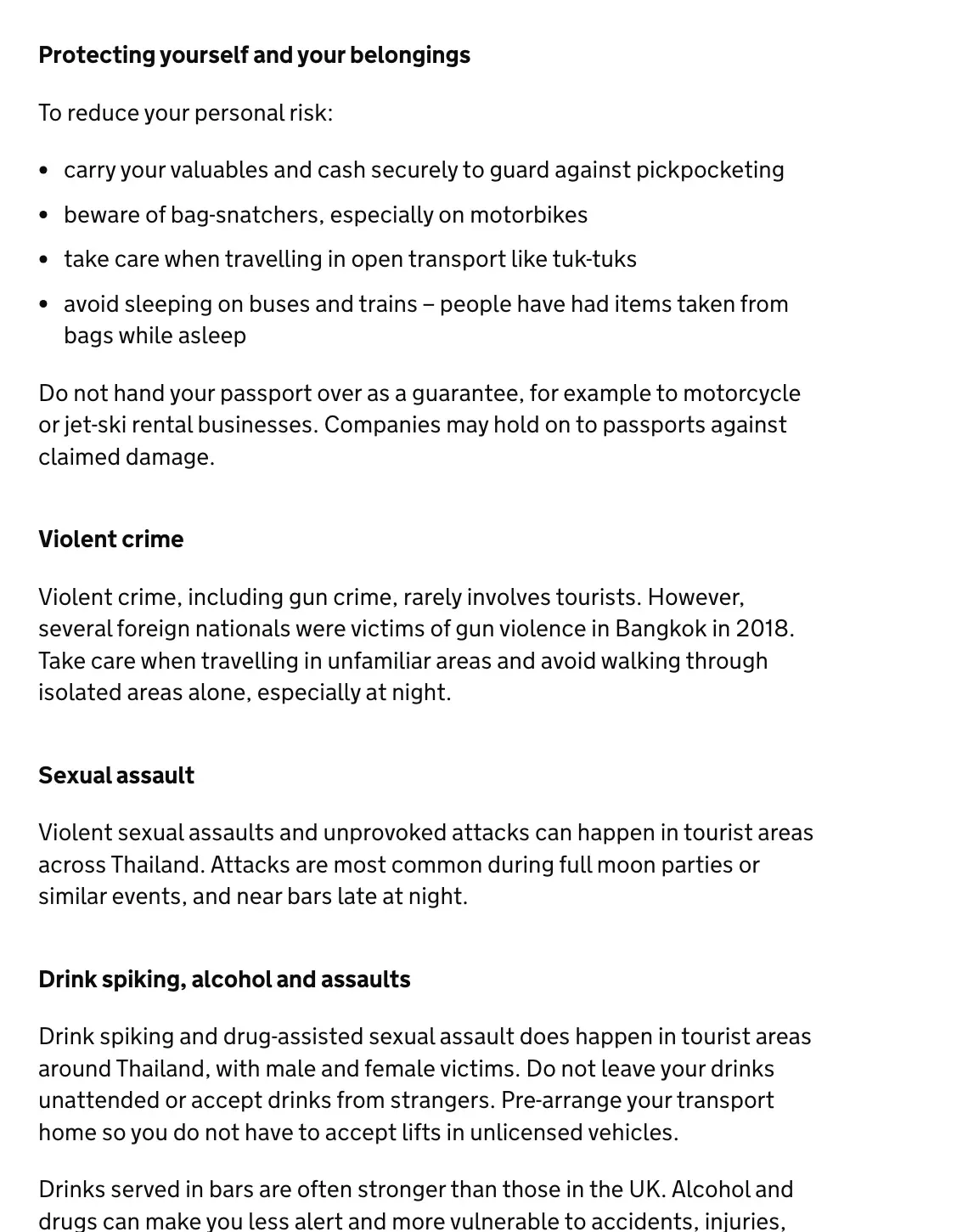 UK government travel advice page with sections on protecting belongings, passports left with rental shops and drink spiking in Thailand.