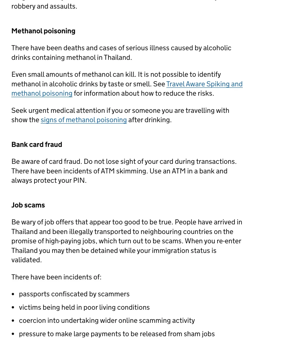 UK government travel advice page with sections on methanol poisoning, bank card fraud and job scams in Thailand.