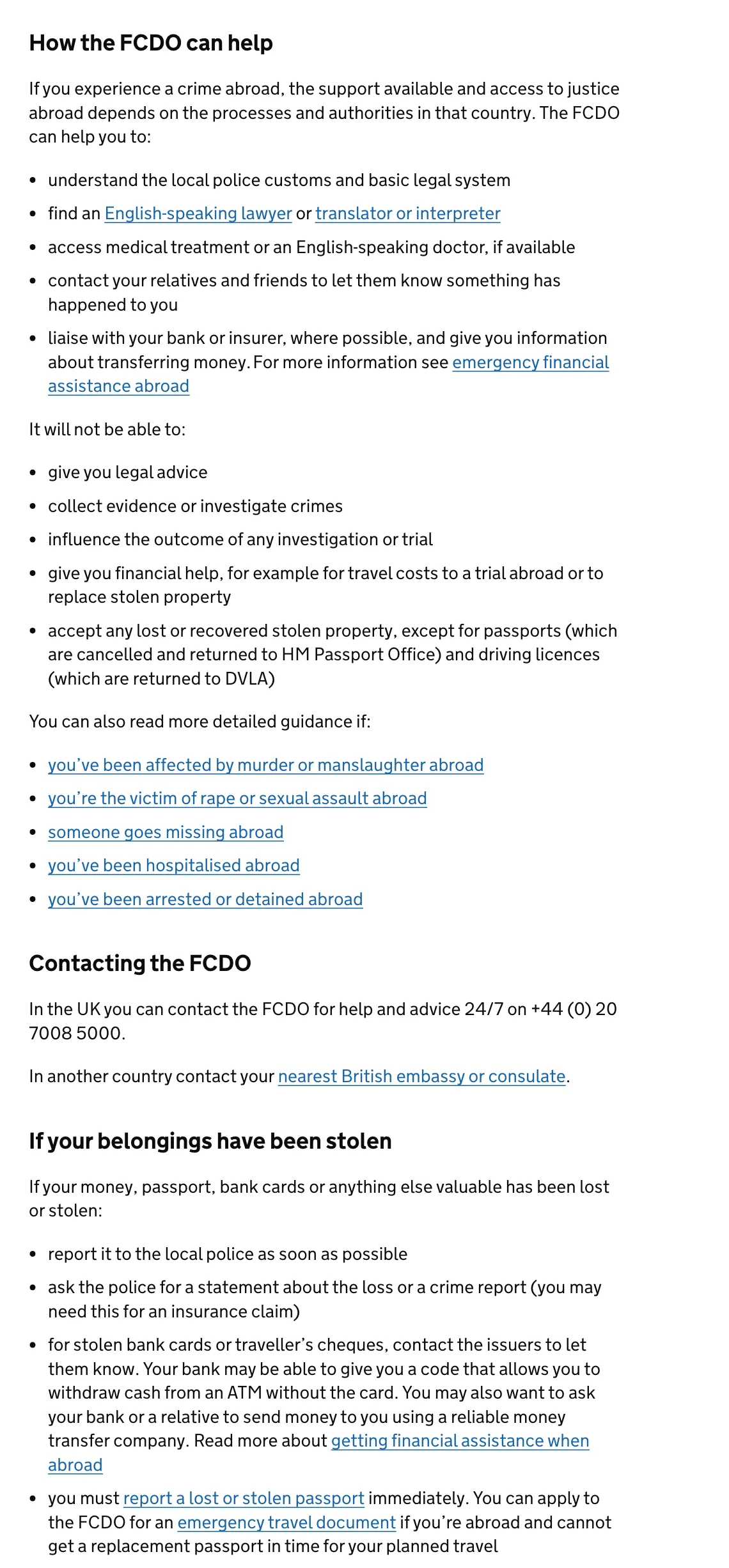 UK government guidance page listing the help the FCDO gives a crime victim abroad and the steps after a theft.