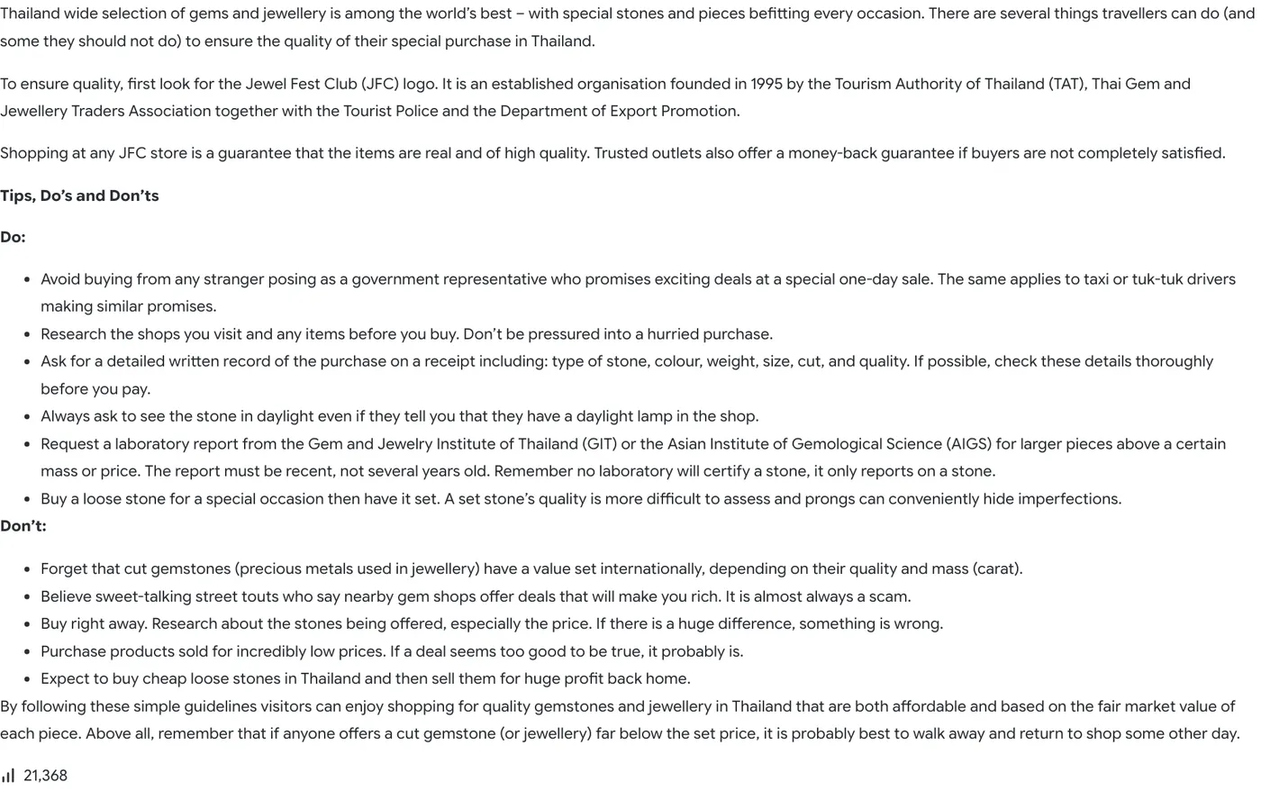 Tourism Authority of Thailand article with a list of dos and don'ts for buying gems and jewellery in Thailand.