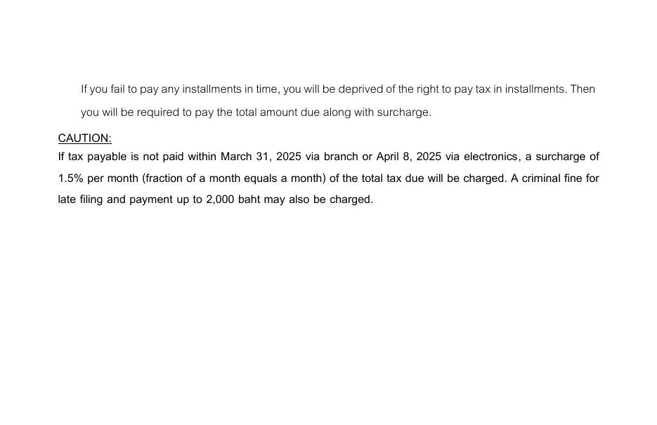 Revenue Department PND.90 guide page with the caution on surcharge and the criminal fine for late filing.