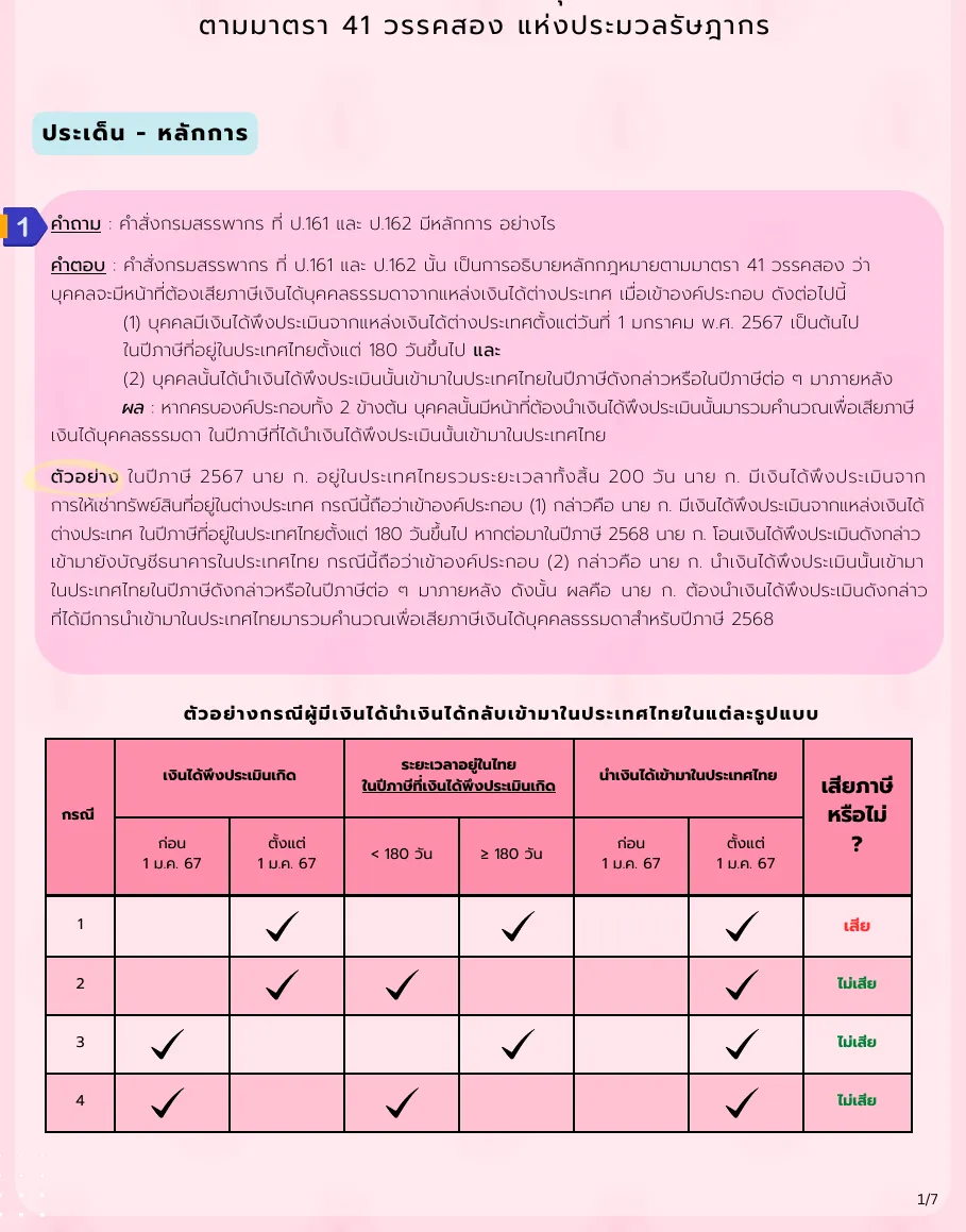 Revenue Department question and answer sheet in Thai with the two conditions, a worked example and a table of four cases showing which one is taxed.