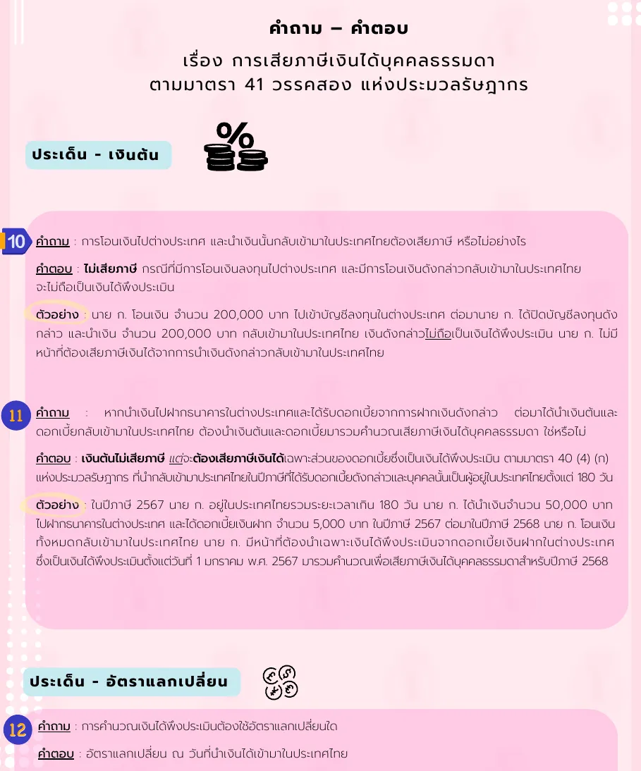 Revenue Department question and answer sheet in Thai on money moved abroad and back, and on interest brought into Thailand.
