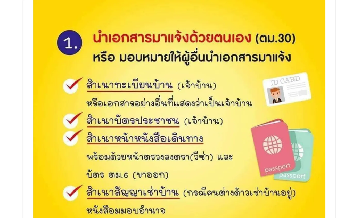 Yellow Immigration Bureau infographic with the first way to notify, in person or through another person, and a tick list of documents.