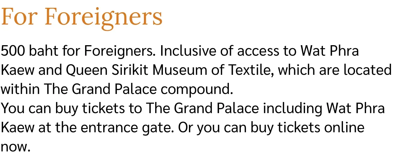 Grand Palace page section headed For Foreigners with the price of 500 baht including Wat Phra Kaew and the textile museum.