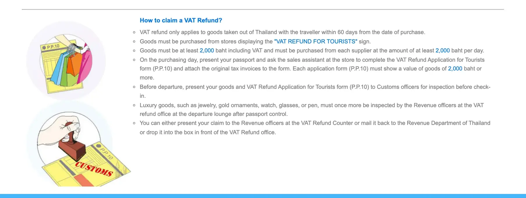 Revenue Department tourist VAT page with the list of conditions and two illustrations of a P.P.10 form and a Customs stamp.