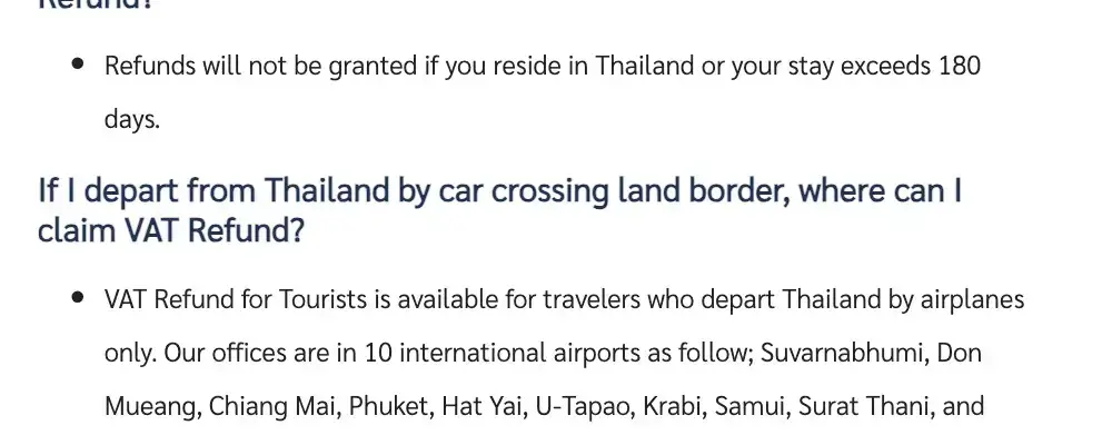 Revenue Department FAQ entry listing the international airports with tourist VAT offices and stating the scheme covers air departures.