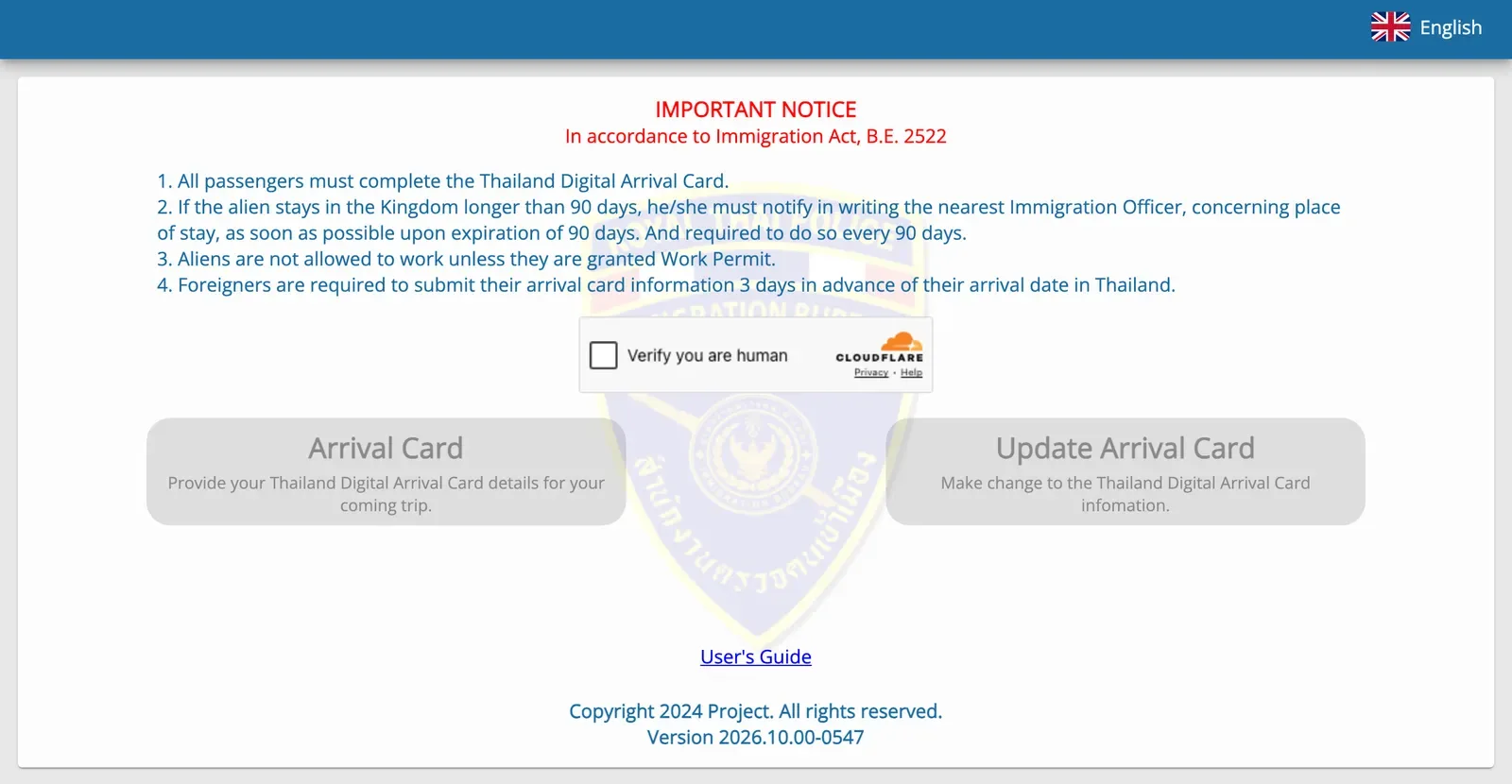Official Thailand Digital Arrival Card home page with an important notice and the Arrival Card and Update Arrival Card buttons.