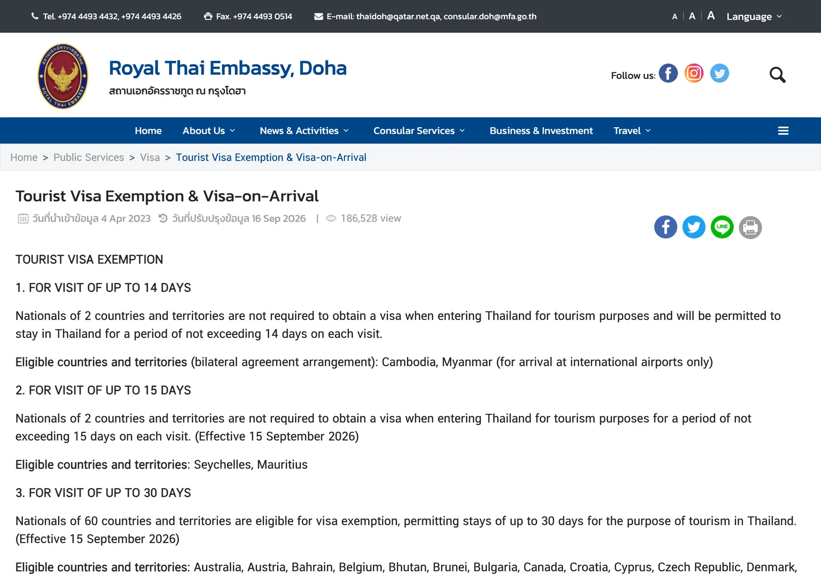 Web page of the Royal Thai Embassy in Doha titled Tourist Visa Exemption and Visa-on-Arrival, showing the first exemption groups by stay length.