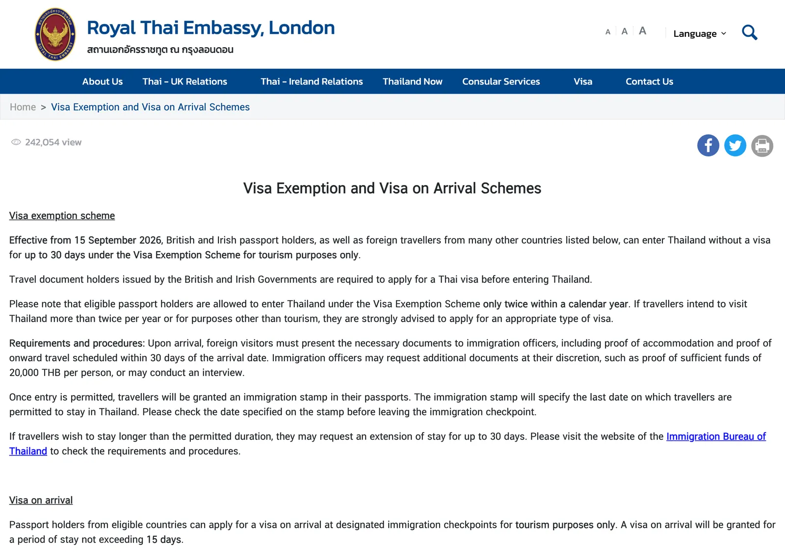 Web page of the Royal Thai Embassy in London titled Visa Exemption and Visa on Arrival Schemes, showing the visa exemption text and the start of the visa on arrival section.
