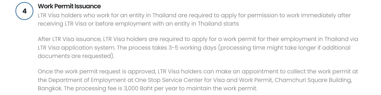 LTR visa site section on work permit issuance for holders who work for a Thai employer.