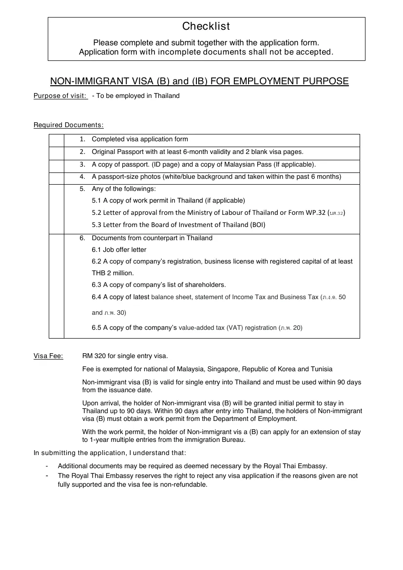 Ministry of Foreign Affairs one-page checklist for the Non-B employment visa, with the employer documents and the 90-day work permit rule.