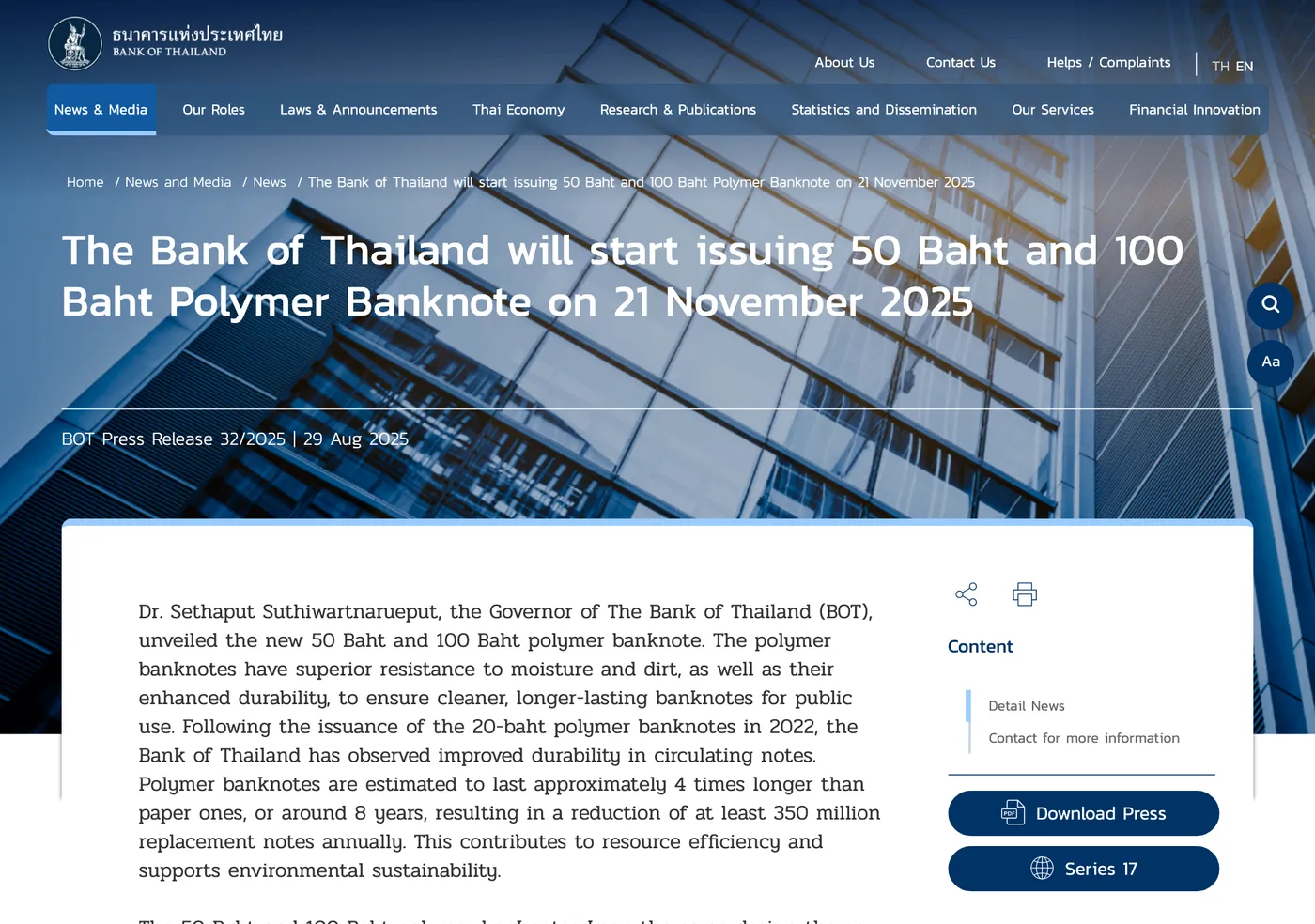 Bank of Thailand press release page on the new polymer banknotes with the opening paragraph.