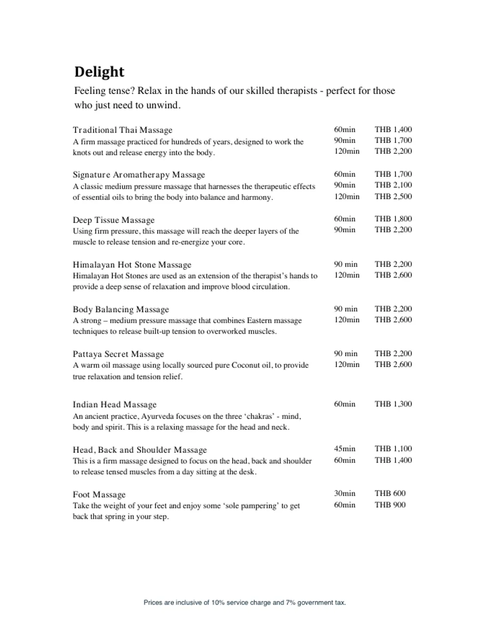 Spa menu page listing massage types with durations and prices, with a line about service charge and government tax at the top.