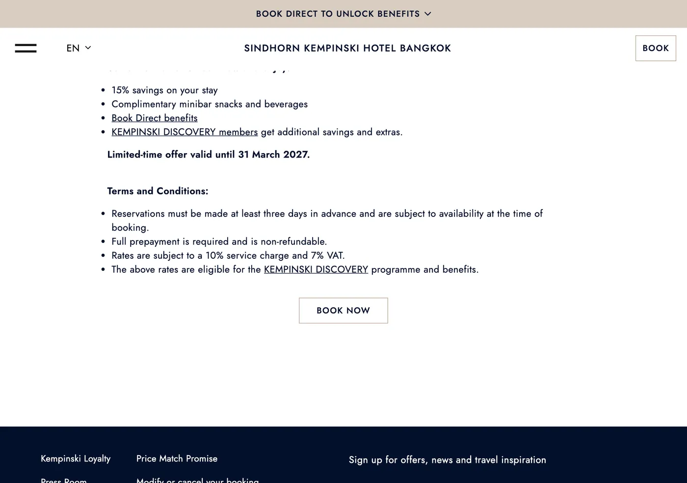 Hotel offer page with terms and conditions, one bullet stating the service charge and VAT on the rates.