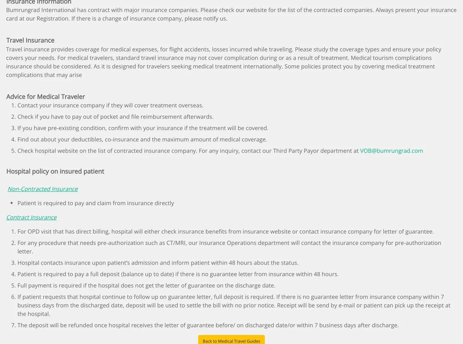 Bumrungrad Hospital page with the insurance information, travel insurance advice and the hospital policy for patients with contracted and non-contracted insurance.