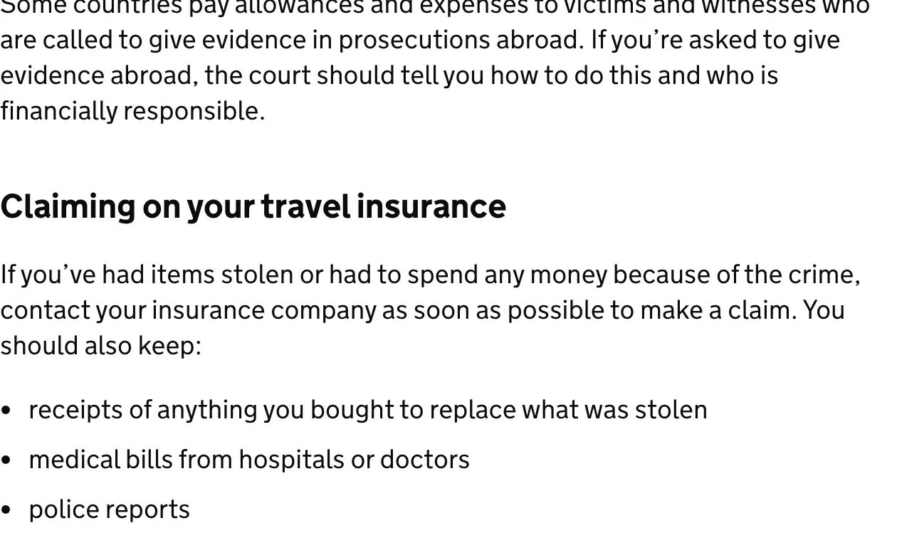 UK government guidance page section on claiming on your travel insurance, with a list of receipts, medical bills and police reports to keep.