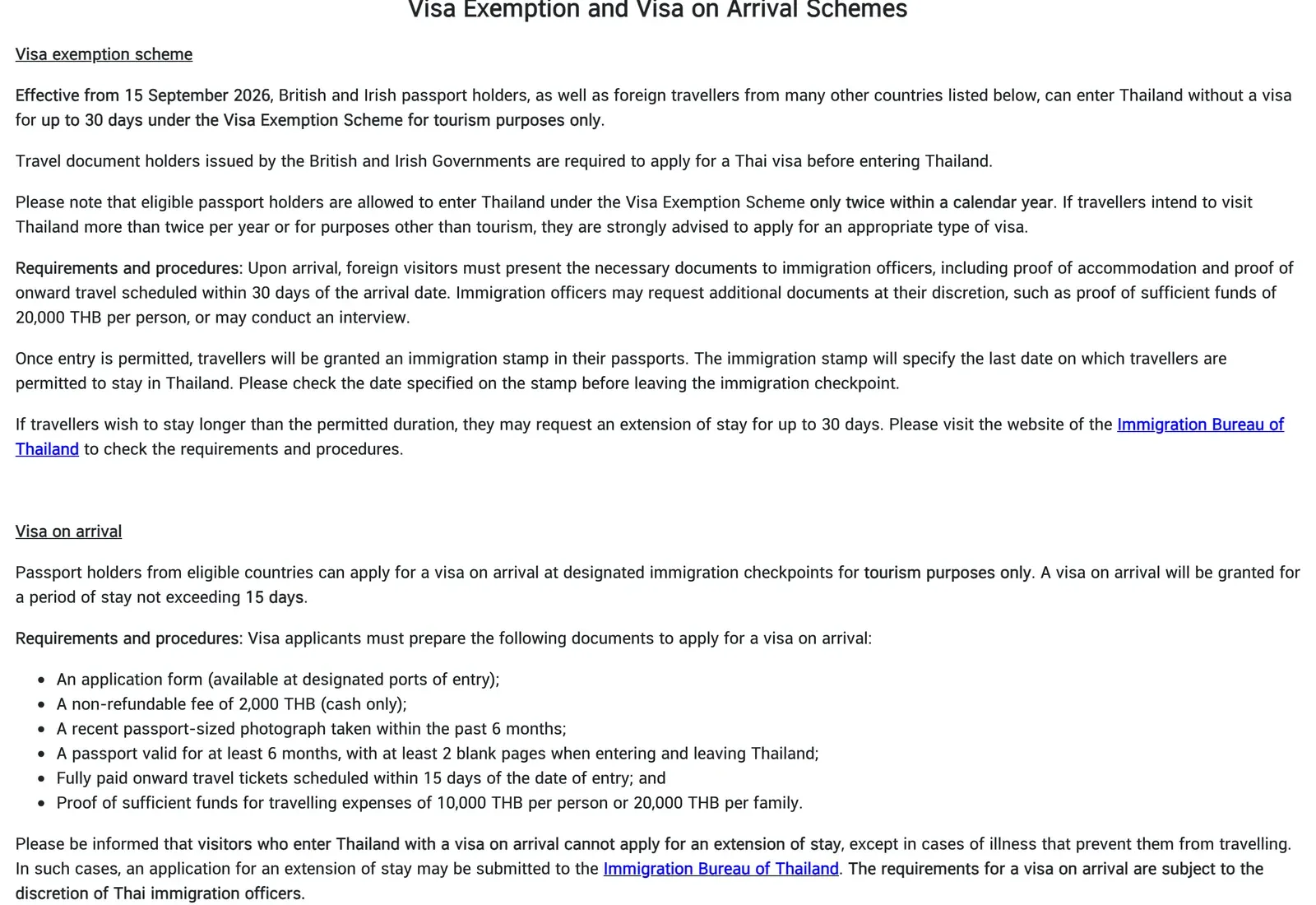 Royal Thai Embassy London web page on the visa exemption and visa on arrival schemes, with the paragraph on documents shown at the border and the visa on arrival document list.